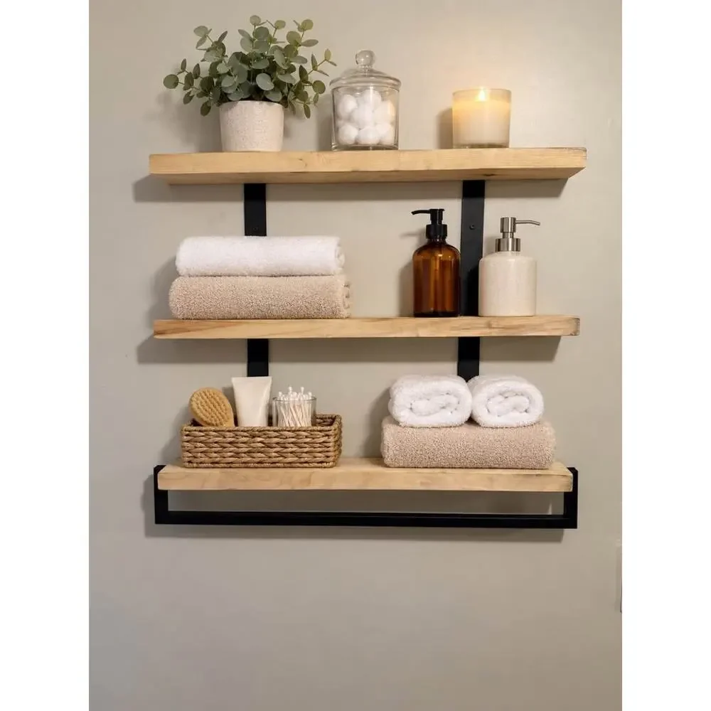 3-Tier Wall Mounted Pine Wood Shelf with Towel Bar – New